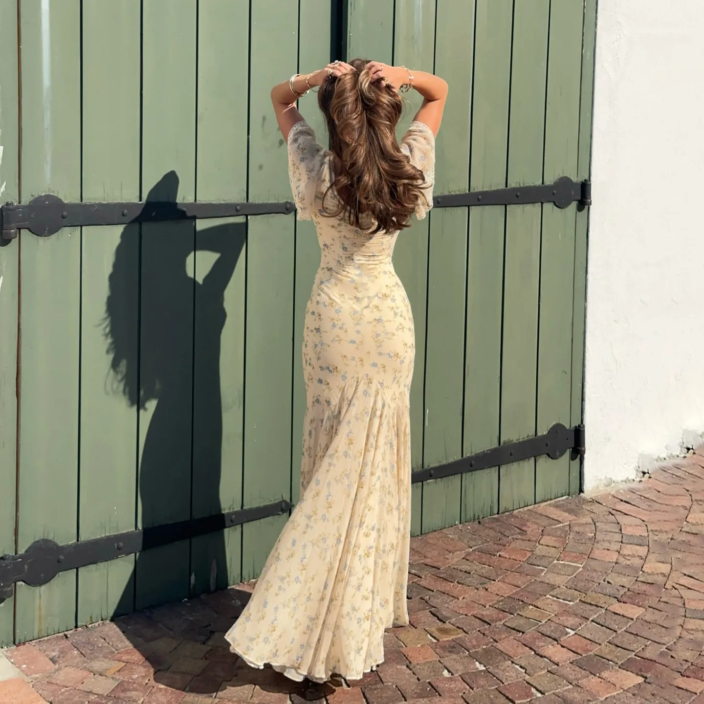 Suninbox Summer Elegant Floral Lace V-Neck Dress Ruffle Sleeve Tie Front Long Dress Garden Party Wedding Guest women