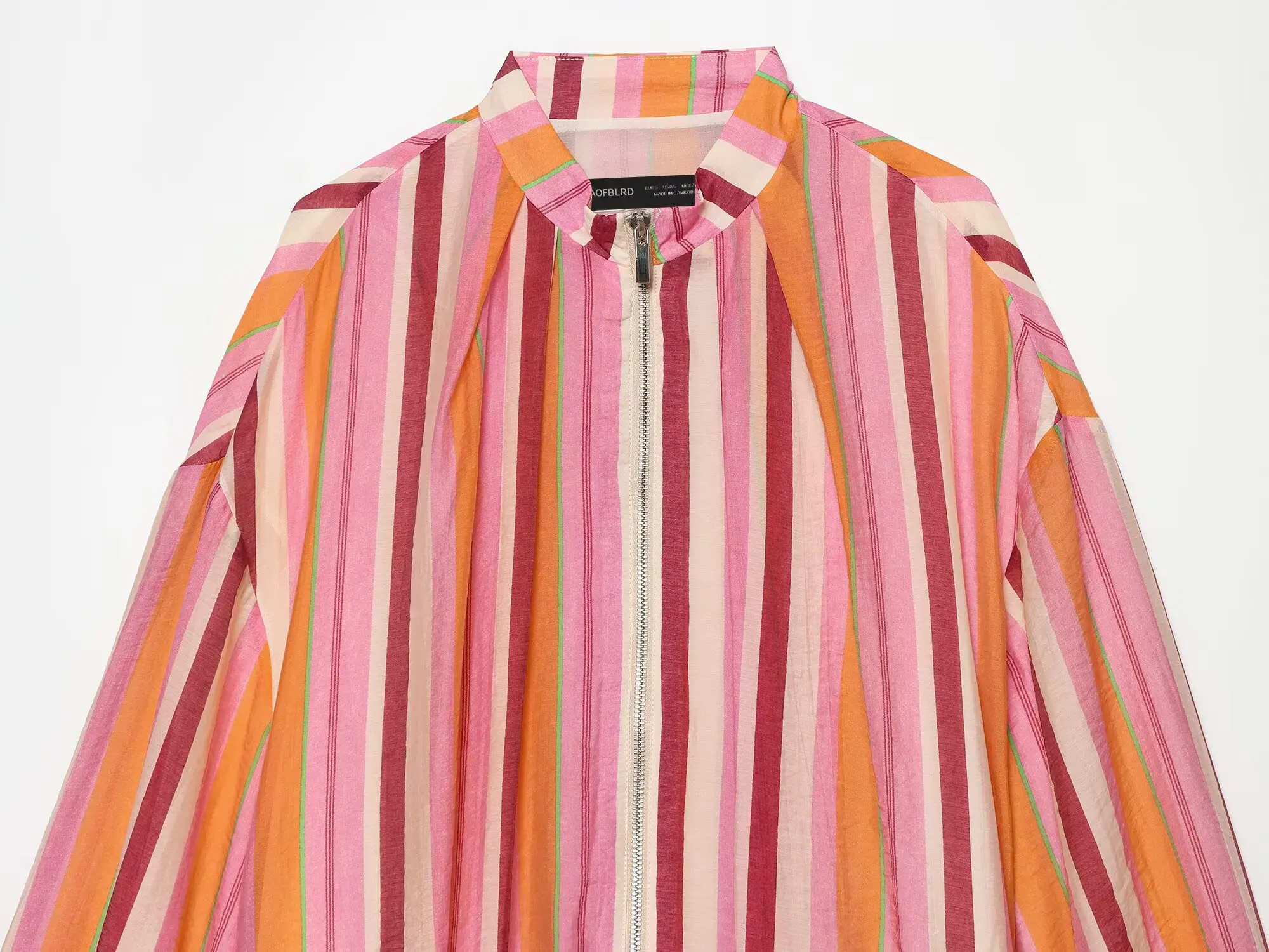 BSAY Women Colorful Stripe Zip Up Jacket Stand Collar Lantern Long Sleeve Loose Cropped Lightweight Casual Outerwear Thin Coat