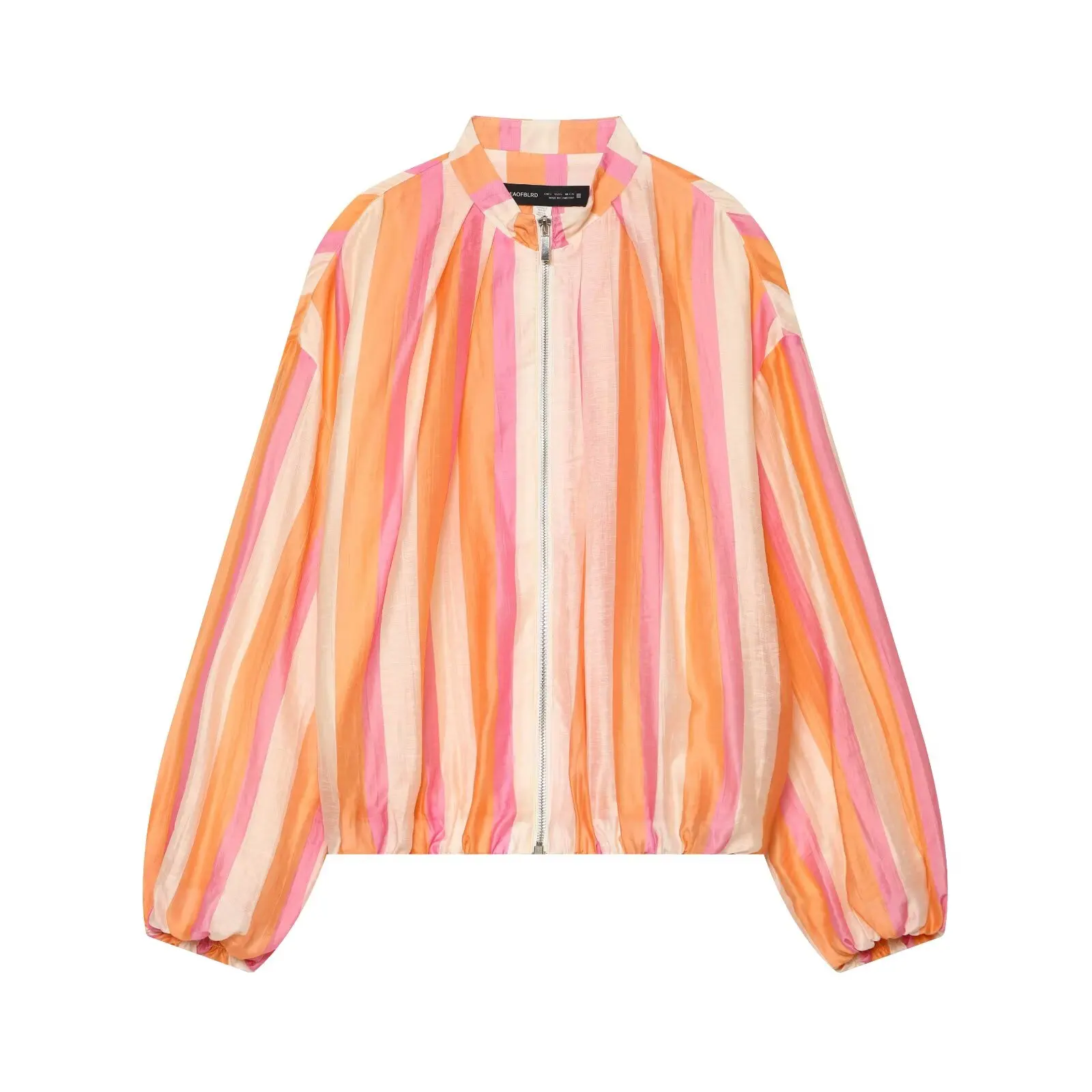 BSAY Women Colorful Stripe Zip Up Jacket Stand Collar Lantern Long Sleeve Loose Cropped Lightweight Casual Outerwear Thin Coat