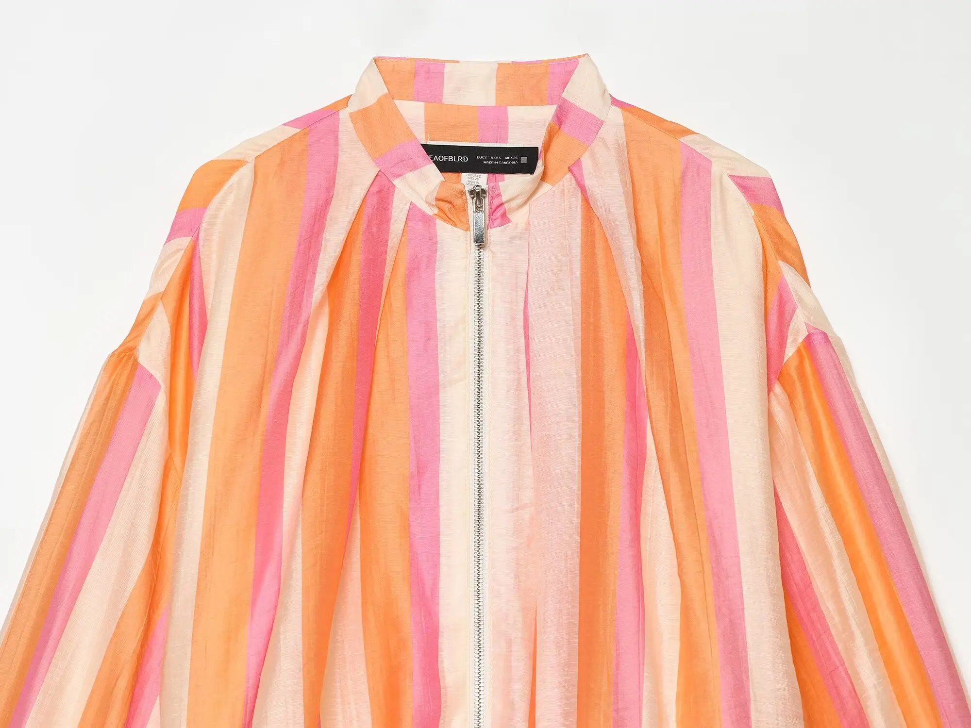 BSAY Women Colorful Stripe Zip Up Jacket Stand Collar Lantern Long Sleeve Loose Cropped Lightweight Casual Outerwear Thin Coat