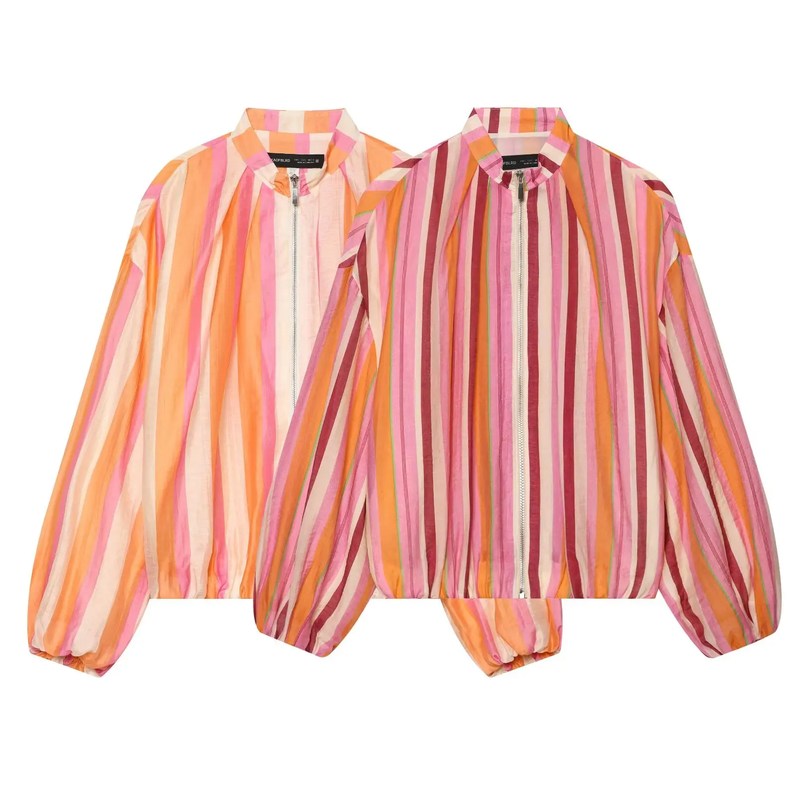 BSAY Women Colorful Stripe Zip Up Jacket Stand Collar Lantern Long Sleeve Loose Cropped Lightweight Casual Outerwear Thin Coat