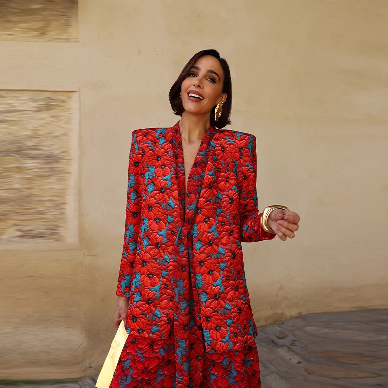 Fashion Lady Print Blazer Coat Pants Set 2026 Long Sleeve Belt V-neck Cinched Waist Slim Women Jacket Wide Leg Pant 2 Piece Sets