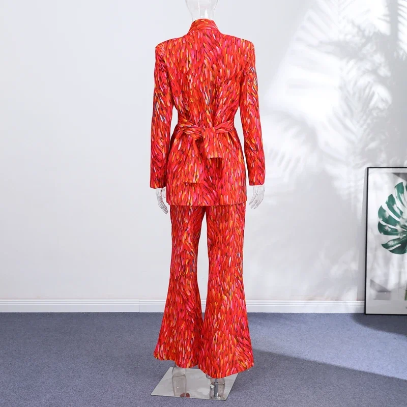 Fashion Lady Print Blazer Coat Pants Set 2026 Long Sleeve Belt V-neck Cinched Waist Slim Women Jacket Wide Leg Pant 2 Piece Sets