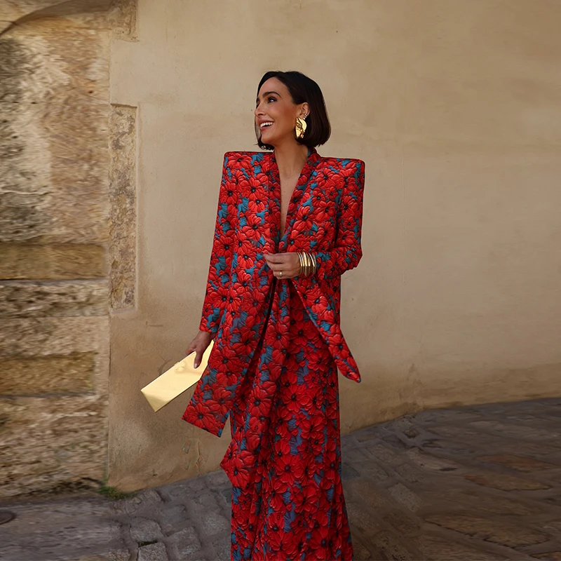 Fashion Lady Print Blazer Coat Pants Set 2026 Long Sleeve Belt V-neck Cinched Waist Slim Women Jacket Wide Leg Pant 2 Piece Sets