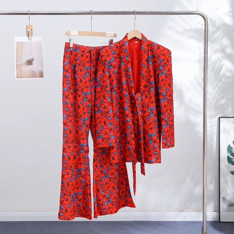 Fashion Lady Print Blazer Coat Pants Set 2026 Long Sleeve Belt V-neck Cinched Waist Slim Women Jacket Wide Leg Pant 2 Piece Sets