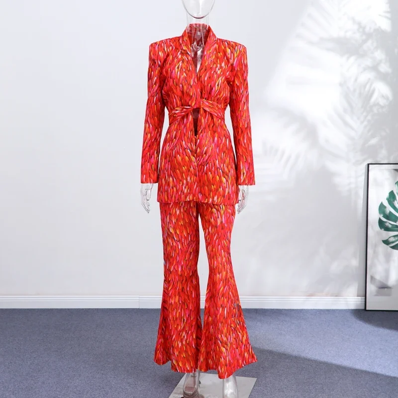Fashion Lady Print Blazer Coat Pants Set 2026 Long Sleeve Belt V-neck Cinched Waist Slim Women Jacket Wide Leg Pant 2 Piece Sets