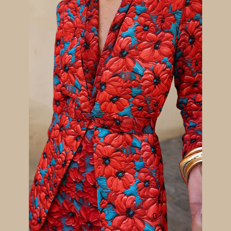 Fashion Lady Print Blazer Coat Pants Set 2026 Long Sleeve Belt V-neck Cinched Waist Slim Women Jacket Wide Leg Pant 2 Piece Sets