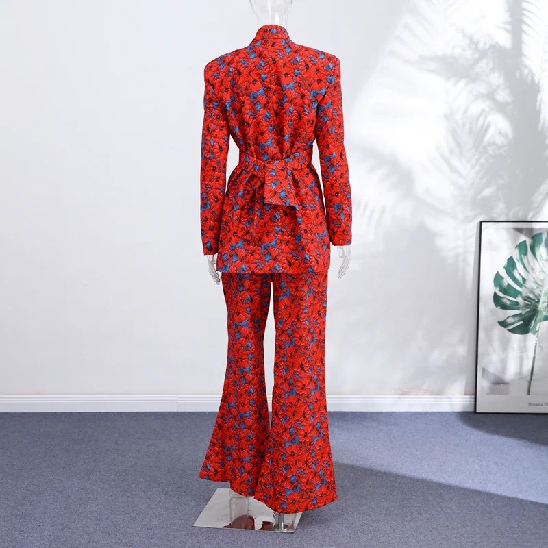 Fashion Lady Print Blazer Coat Pants Set 2026 Long Sleeve Belt V-neck Cinched Waist Slim Women Jacket Wide Leg Pant 2 Piece Sets