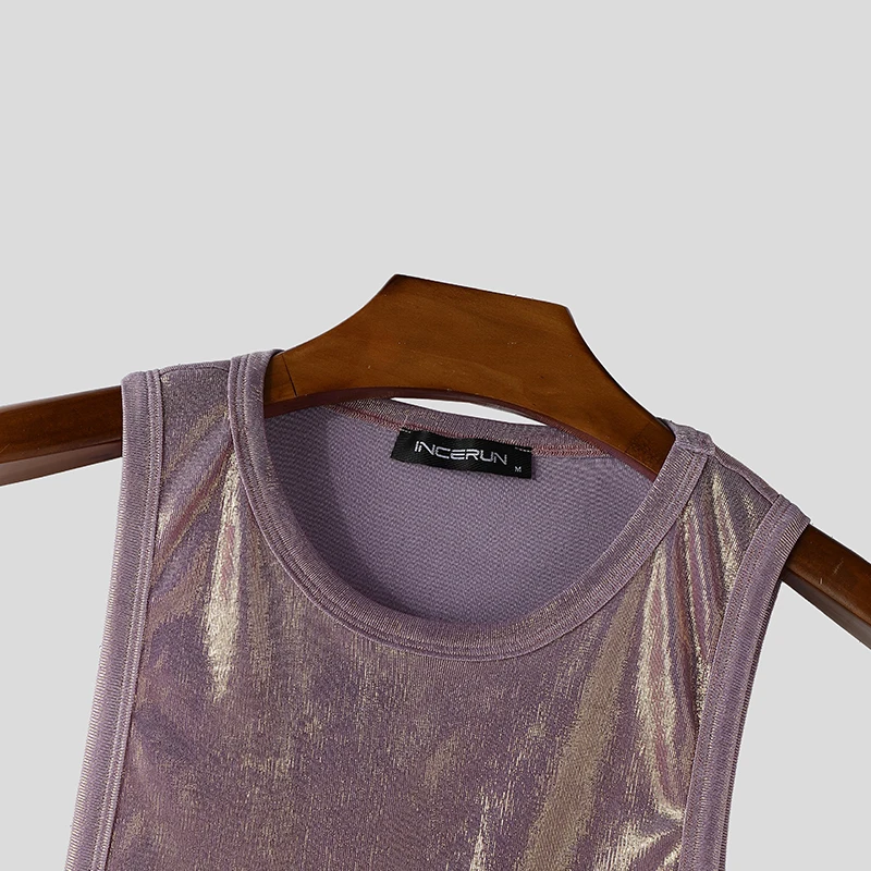 INCERUN Men's Tank Tops Shiny O-neck Sleeveless Summer Casual Male Vests Streetwear Hollow Out Party Fashion Men Clothes Tops