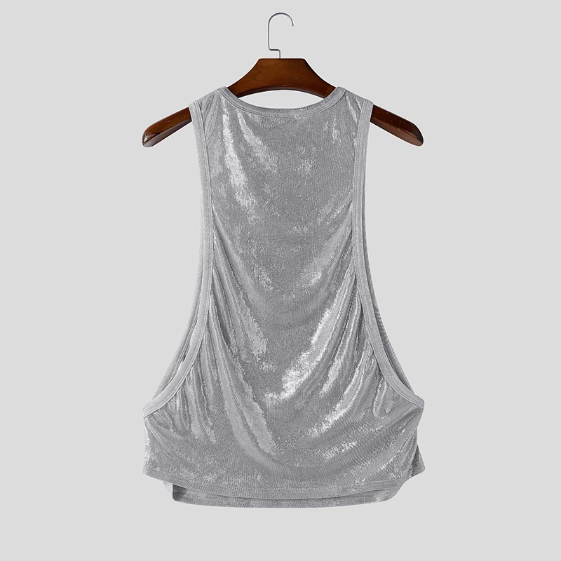 INCERUN Men's Tank Tops Shiny O-neck Sleeveless Summer Casual Male Vests Streetwear Hollow Out Party Fashion Men Clothes Tops