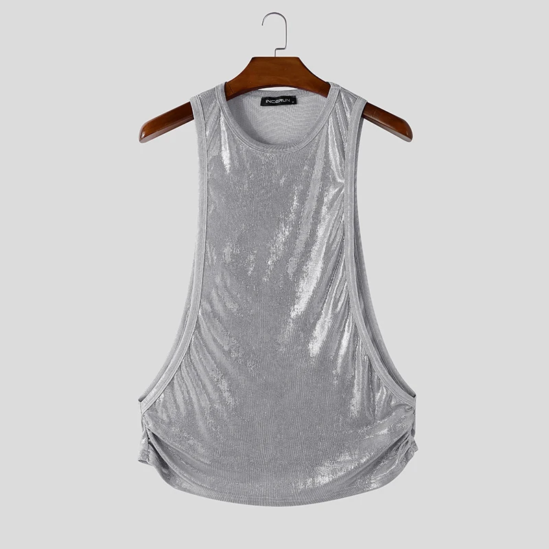 INCERUN Men's Tank Tops Shiny O-neck Sleeveless Summer Casual Male Vests Streetwear Hollow Out Party Fashion Men Clothes Tops