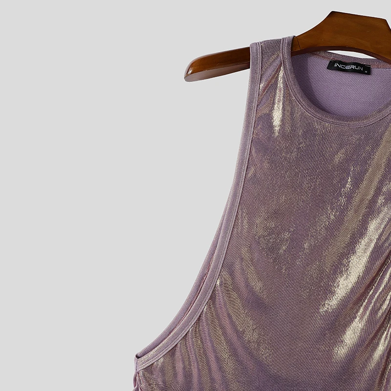 INCERUN Men's Tank Tops Shiny O-neck Sleeveless Summer Casual Male Vests Streetwear Hollow Out Party Fashion Men Clothes Tops