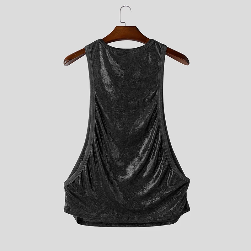 INCERUN Men's Tank Tops Shiny O-neck Sleeveless Summer Casual Male Vests Streetwear Hollow Out Party Fashion Men Clothes Tops
