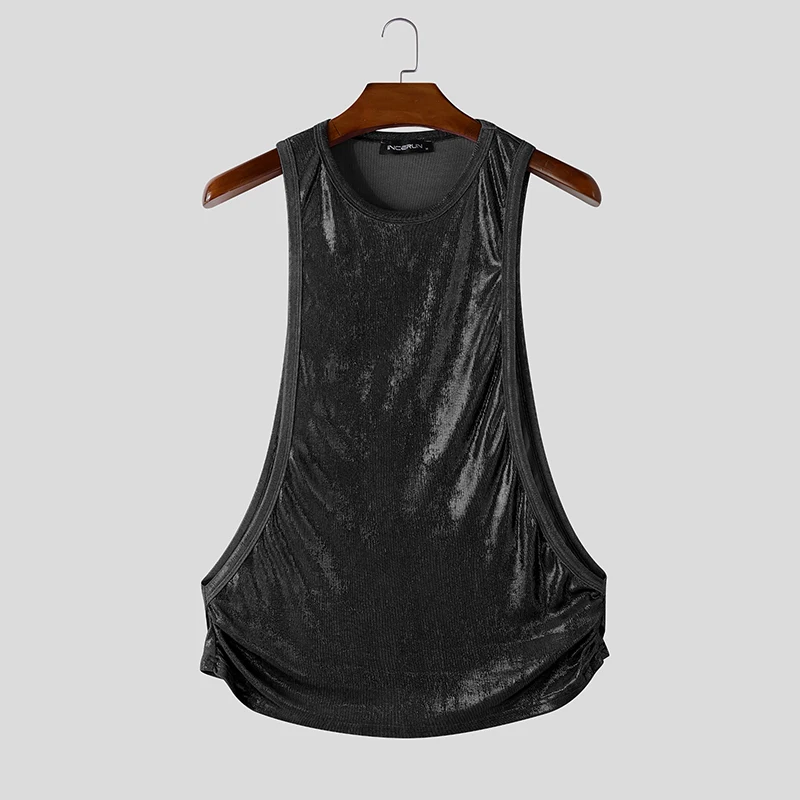 INCERUN Men's Tank Tops Shiny O-neck Sleeveless Summer Casual Male Vests Streetwear Hollow Out Party Fashion Men Clothes Tops