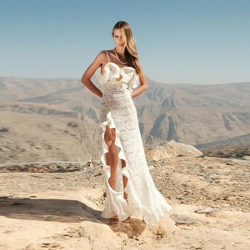 Chic White Lace Ruffles Mermaid Maxi Dress Women Trendy Spaghetti Strap High Split Backless Vestido 2026 New Vacation Beach Gown