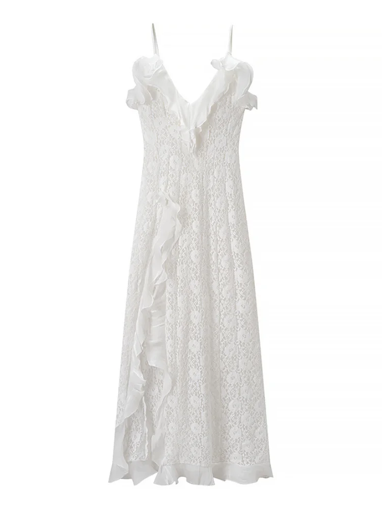 Chic White Lace Ruffles Mermaid Maxi Dress Women Trendy Spaghetti Strap High Split Backless Vestido 2026 New Vacation Beach Gown