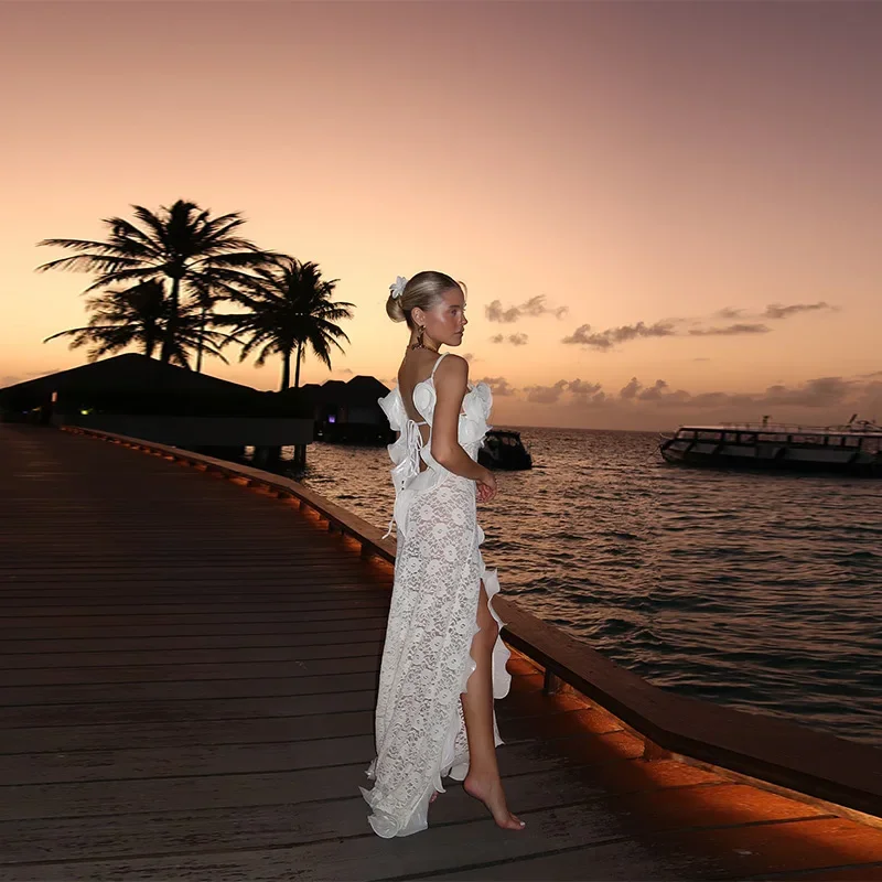 Chic White Lace Ruffles Mermaid Maxi Dress Women Trendy Spaghetti Strap High Split Backless Vestido 2026 New Vacation Beach Gown