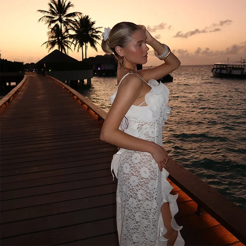 Chic White Lace Ruffles Mermaid Maxi Dress Women Trendy Spaghetti Strap High Split Backless Vestido 2026 New Vacation Beach Gown