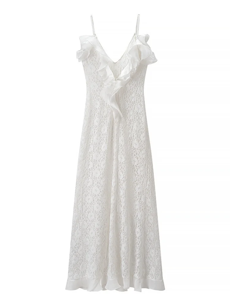 Chic White Lace Ruffles Mermaid Maxi Dress Women Trendy Spaghetti Strap High Split Backless Vestido 2026 New Vacation Beach Gown