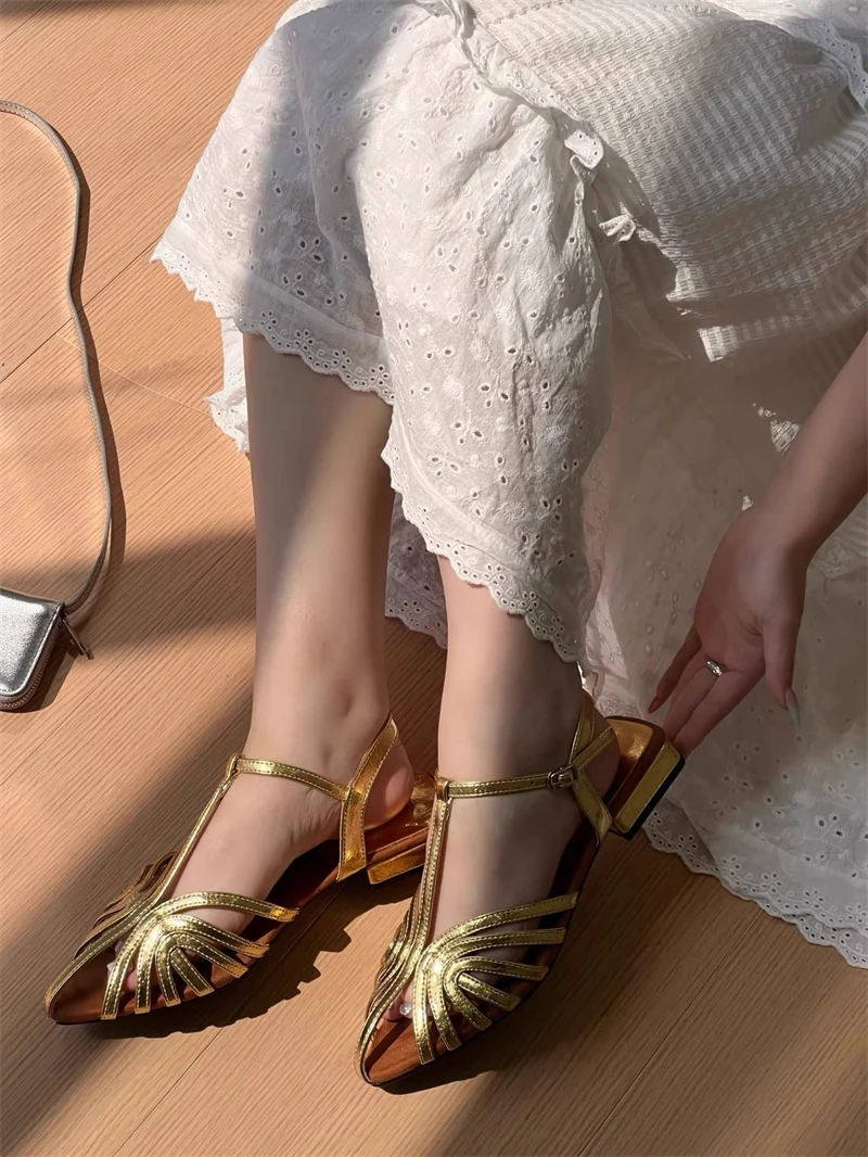 T Strap Roman Cross Strap Slingback Sandals Women Low Heel Summer Open Back Hollow Out Ladies Casual Comfortable Shoes Sandalias