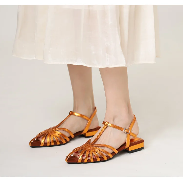 T Strap Roman Cross Strap Slingback Sandals Women Low Heel Summer Open Back Hollow Out Ladies Casual Comfortable Shoes Sandalias