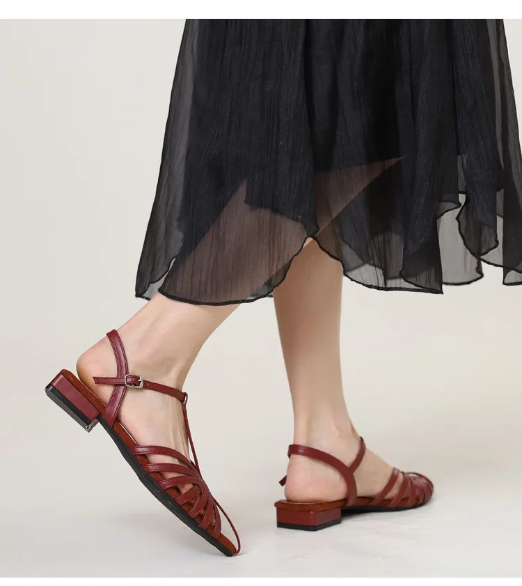 T Strap Roman Cross Strap Slingback Sandals Women Low Heel Summer Open Back Hollow Out Ladies Casual Comfortable Shoes Sandalias
