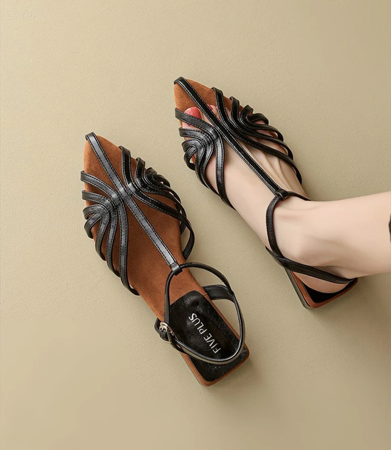 T Strap Roman Cross Strap Slingback Sandals Women Low Heel Summer Open Back Hollow Out Ladies Casual Comfortable Shoes Sandalias