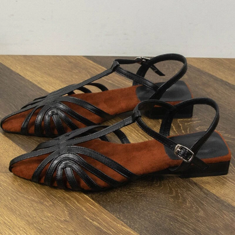 T Strap Roman Cross Strap Slingback Sandals Women Low Heel Summer Open Back Hollow Out Ladies Casual Comfortable Shoes Sandalias