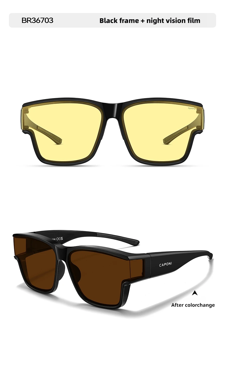 CAPONI Night Vision Men Sunglasses HUD Anti Glare Photochromic Day and Night Use Outdoor Driving Frame Cover Goggles BSYS36703