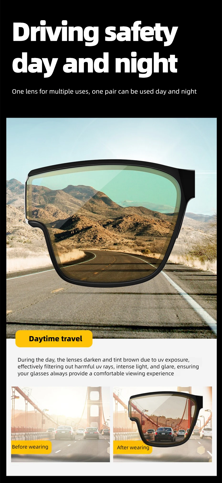 CAPONI Night Vision Men Sunglasses HUD Anti Glare Photochromic Day and Night Use Outdoor Driving Frame Cover Goggles BSYS36703