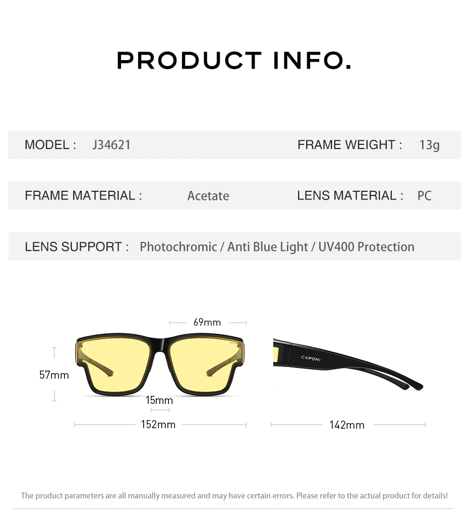 CAPONI Night Vision Men Sunglasses HUD Anti Glare Photochromic Day and Night Use Outdoor Driving Frame Cover Goggles BSYS36703