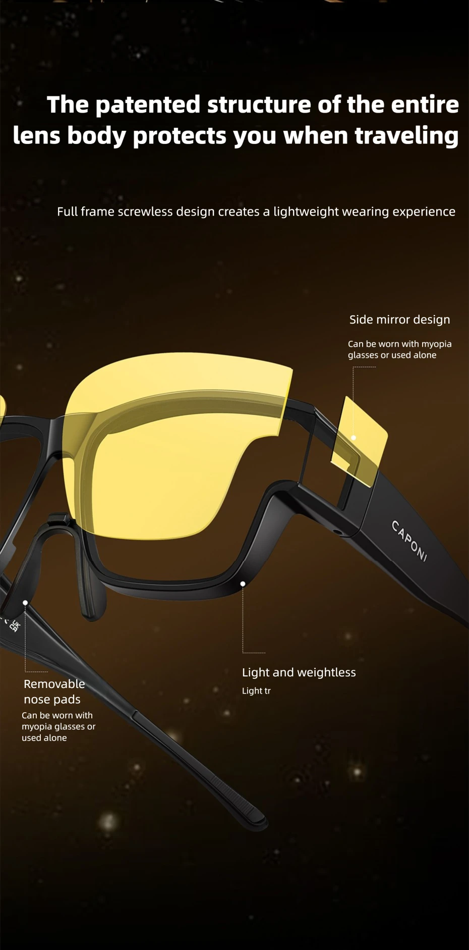 CAPONI Night Vision Men Sunglasses HUD Anti Glare Photochromic Day and Night Use Outdoor Driving Frame Cover Goggles BSYS36703