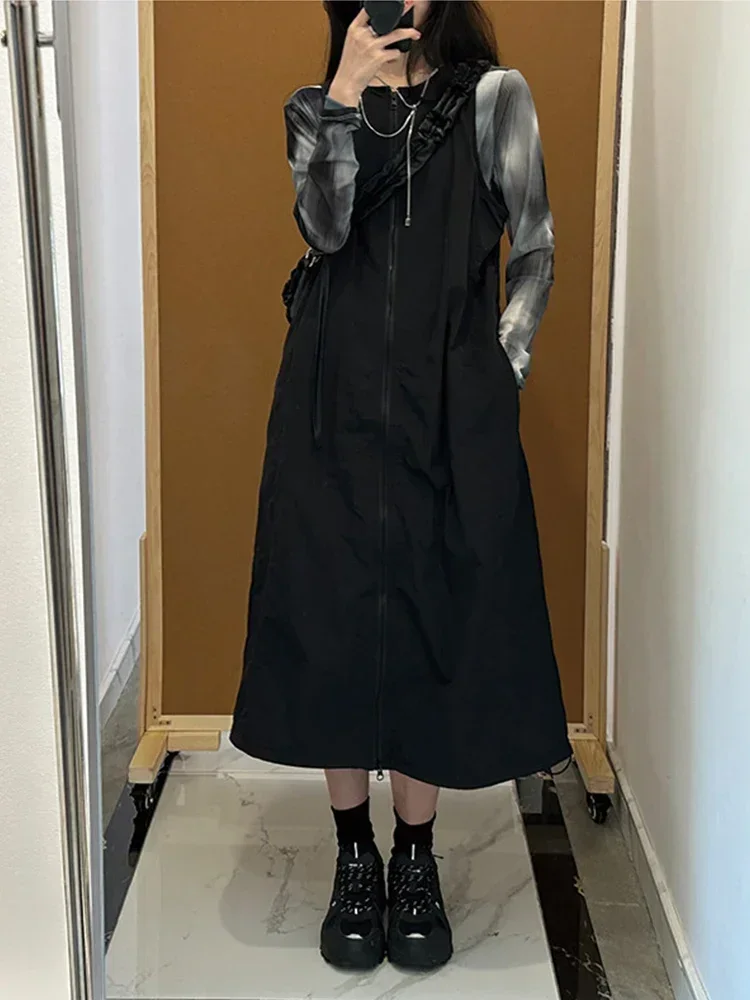 American Grey Workwear Functional Style Vest Skirt Women's plus Size Slimming Design Zipper Strap Dress Casual A-Line Skirt