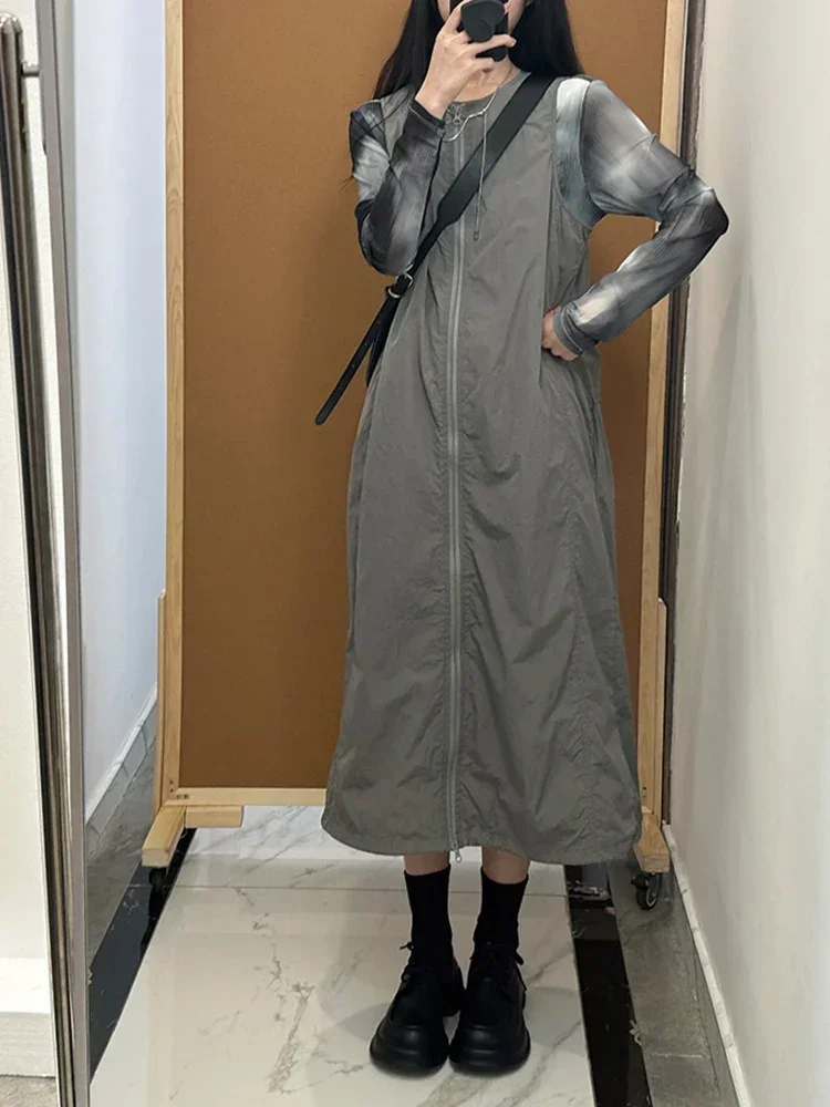 American Grey Workwear Functional Style Vest Skirt Women's plus Size Slimming Design Zipper Strap Dress Casual A-Line Skirt