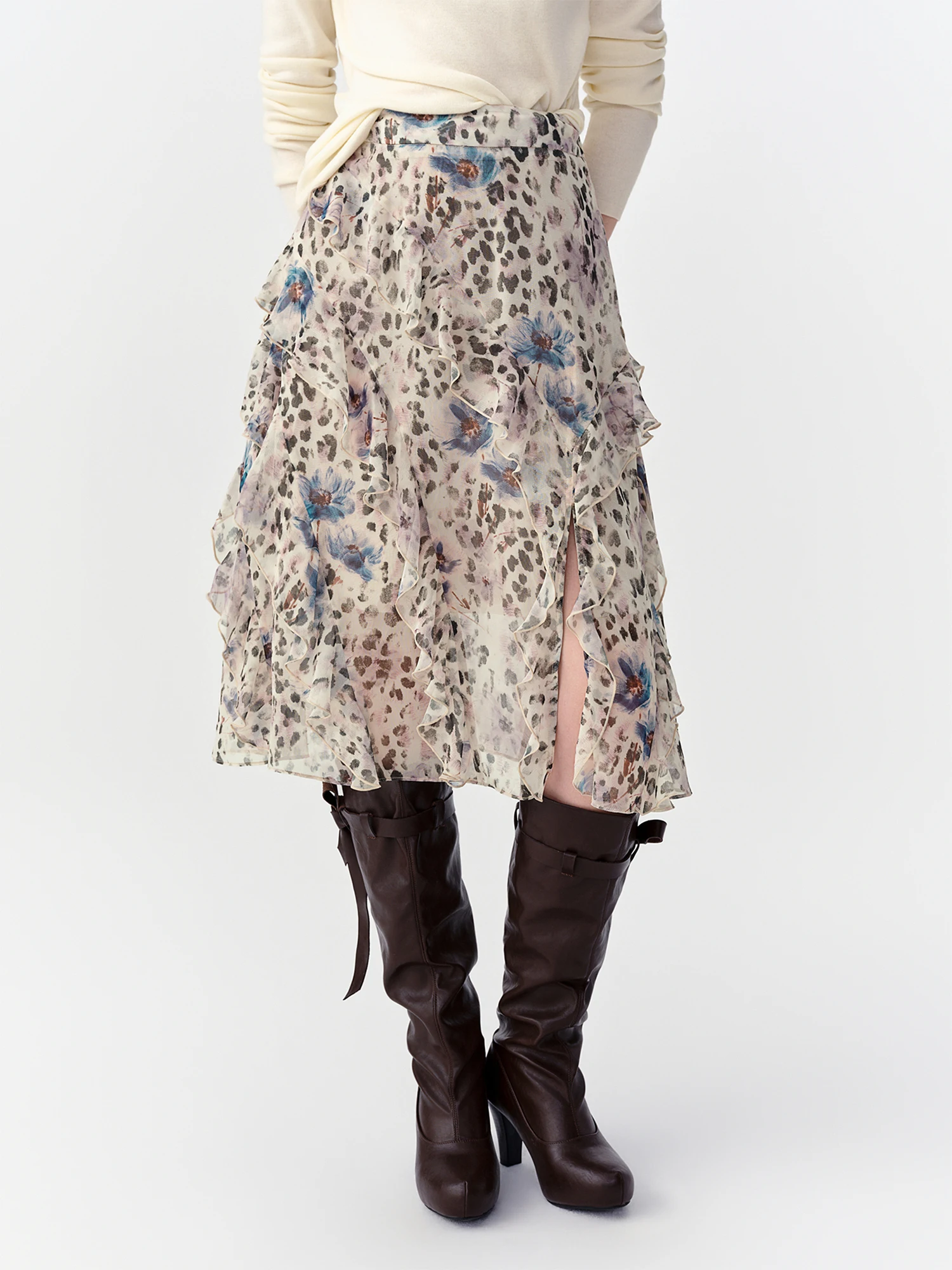 DUSHU 2026 Autumn Leopard Print Ruffled Midi Skirt Women Custom A-Line Chiffon Half Skirt Elegant Casual Skirt Special Irregular
