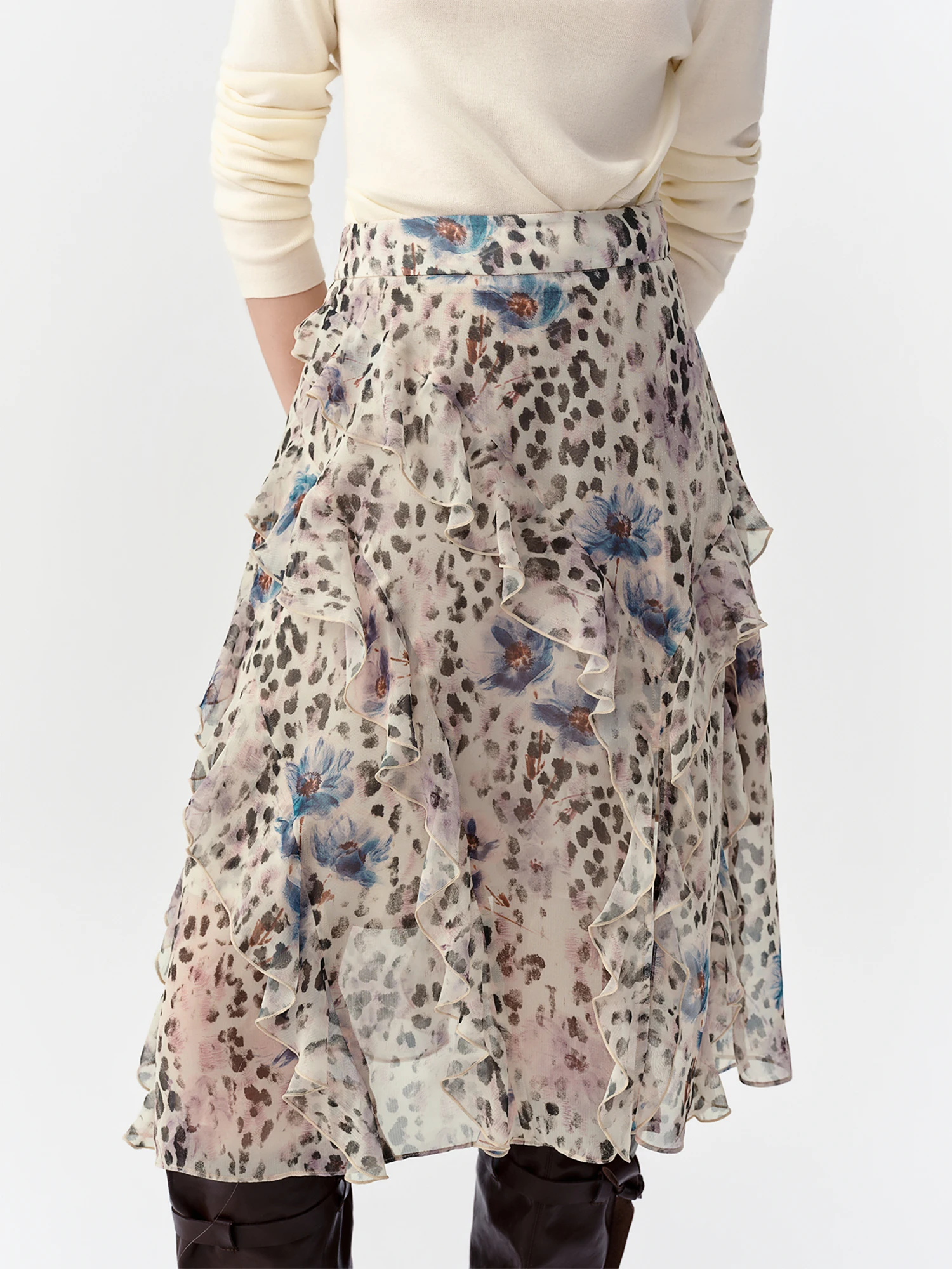 DUSHU 2026 Autumn Leopard Print Ruffled Midi Skirt Women Custom A-Line Chiffon Half Skirt Elegant Casual Skirt Special Irregular