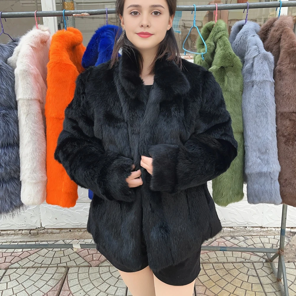 Natural Rabbit Fur Coat Women Winter Jacket Real Leather And Fur Bolero Women's Clothing Female Outerwears With 2025 Black Cold