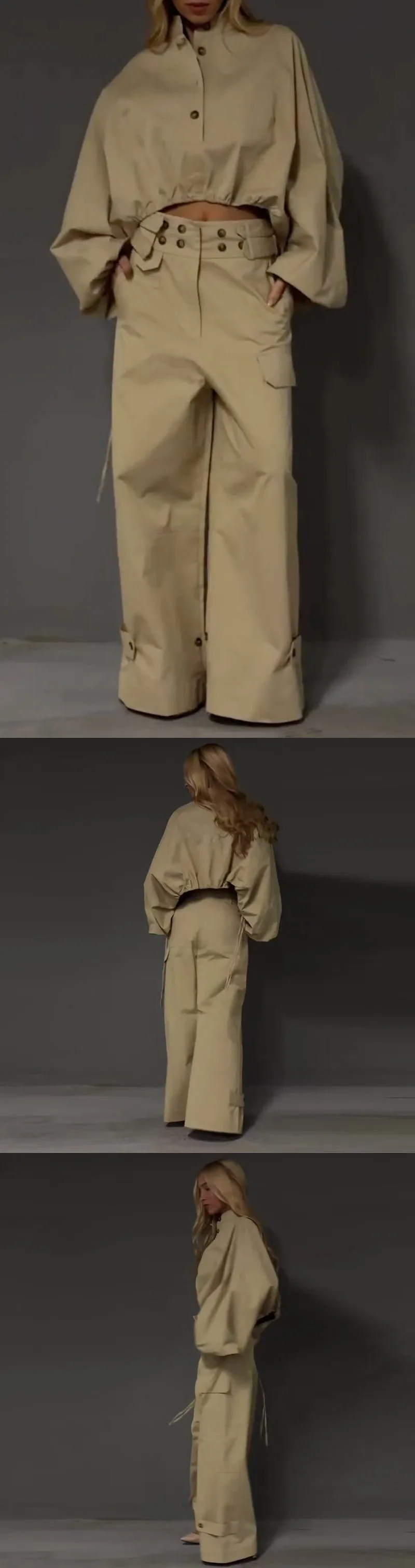 Women's Cargo Jumpsuit Overall Set, Loose Long Sleeve Blouse Top with Drawstring, Cargo Pants Matching Set