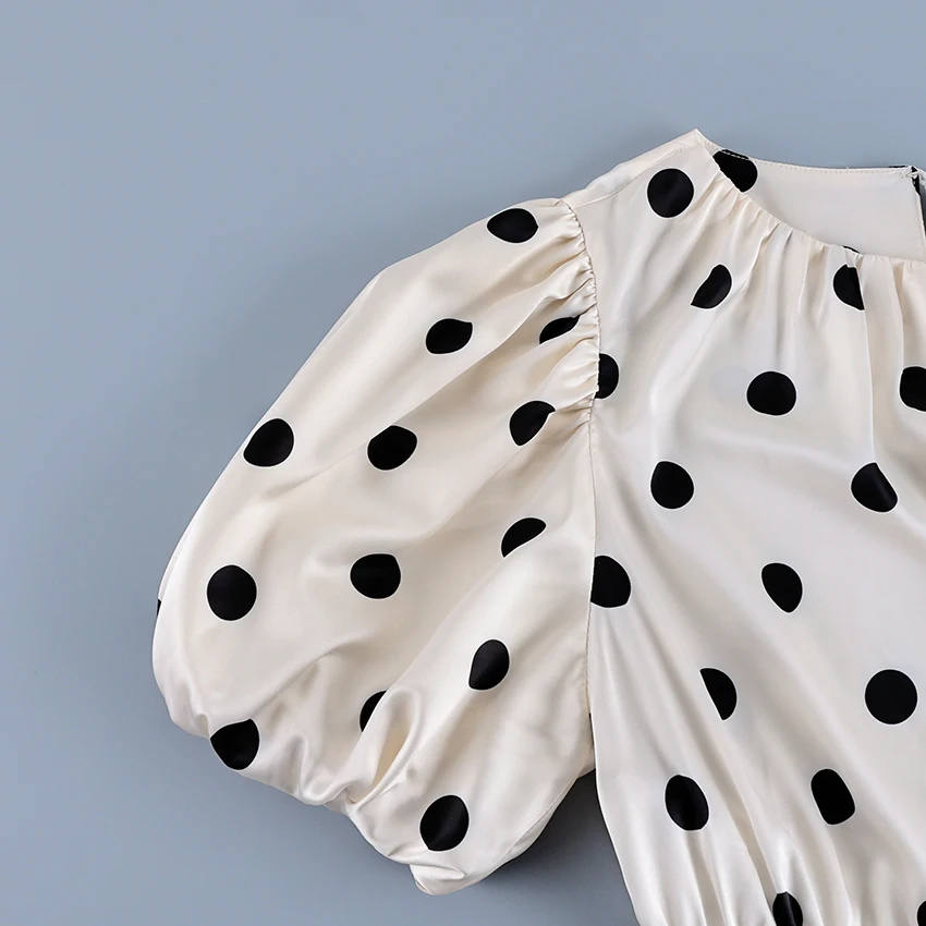 Linad Vintage Polka Dot Puff Sleeve Woman Blouse 2026 Street Chic Ruched O Neck Shirts Female Summer Casual Ruffles Tops Women
