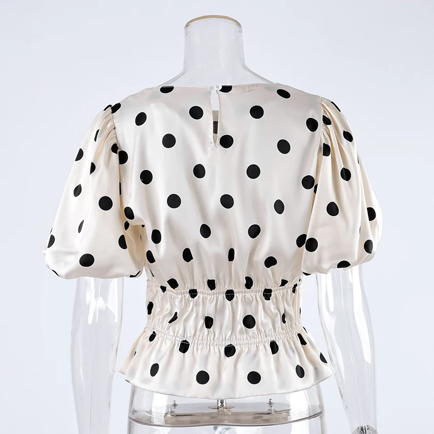 Linad Vintage Polka Dot Puff Sleeve Woman Blouse 2026 Street Chic Ruched O Neck Shirts Female Summer Casual Ruffles Tops Women