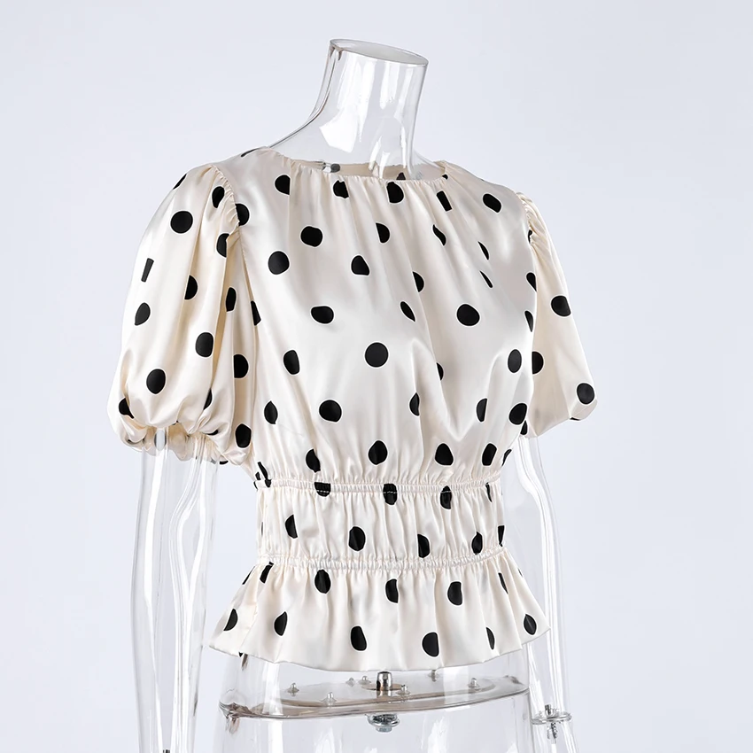 Linad Vintage Polka Dot Puff Sleeve Woman Blouse 2026 Street Chic Ruched O Neck Shirts Female Summer Casual Ruffles Tops Women