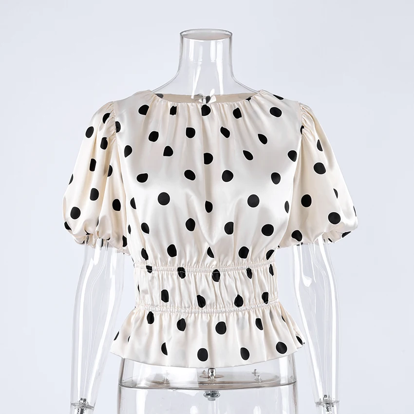 Linad Vintage Polka Dot Puff Sleeve Woman Blouse 2026 Street Chic Ruched O Neck Shirts Female Summer Casual Ruffles Tops Women