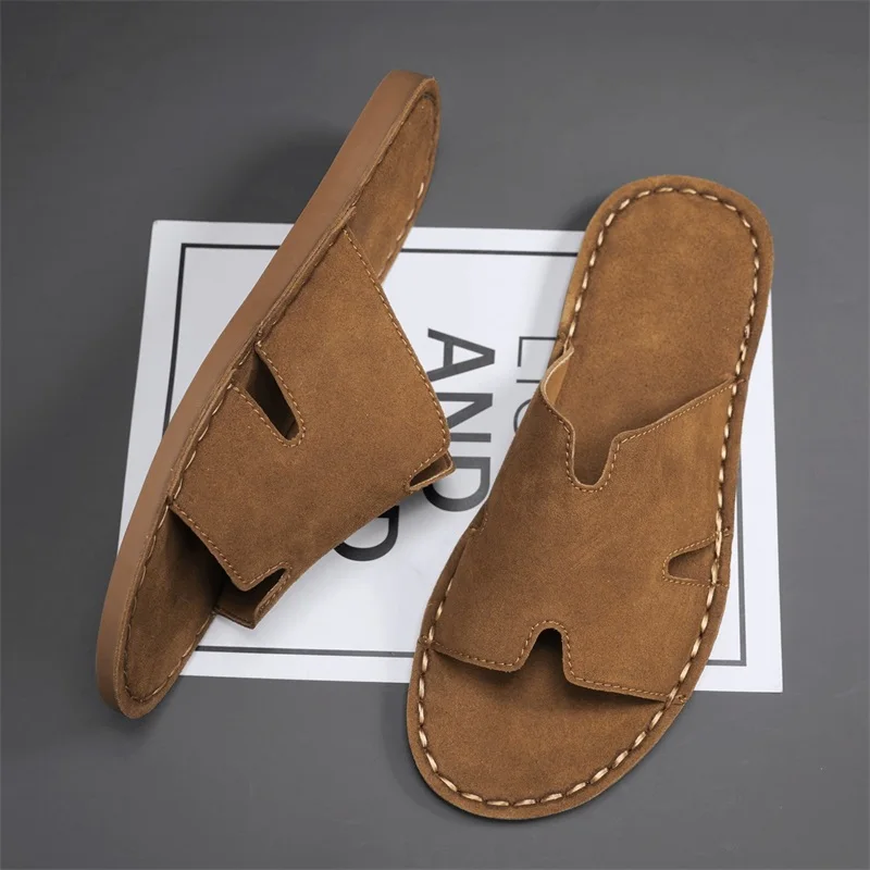 Men's Summer Casual Slip-On Sandals Breathable Outdoor Beach Shoes Large Size Comfortable Suede Leather Outdoor Men's Slippers