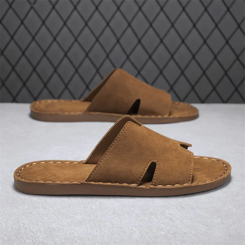Men's Summer Casual Slip-On Sandals Breathable Outdoor Beach Shoes Large Size Comfortable Suede Leather Outdoor Men's Slippers