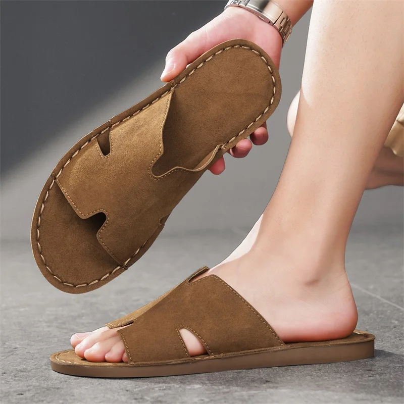 Men's Summer Casual Slip-On Sandals Breathable Outdoor Beach Shoes Large Size Comfortable Suede Leather Outdoor Men's Slippers