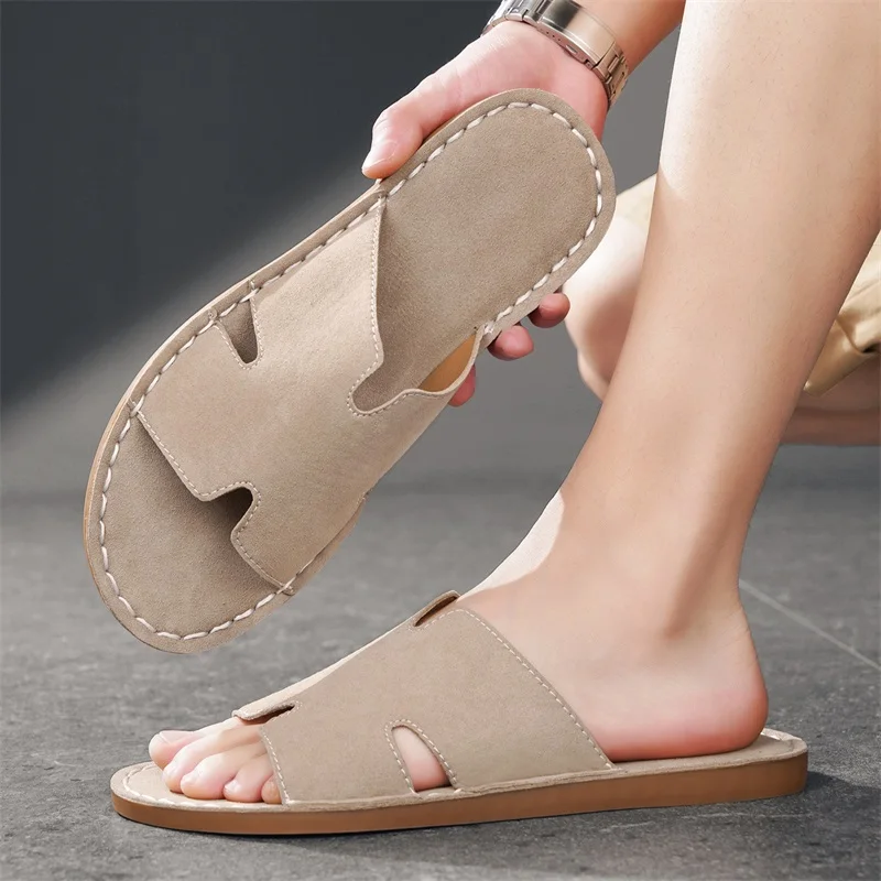 Men's Summer Casual Slip-On Sandals Breathable Outdoor Beach Shoes Large Size Comfortable Suede Leather Outdoor Men's Slippers