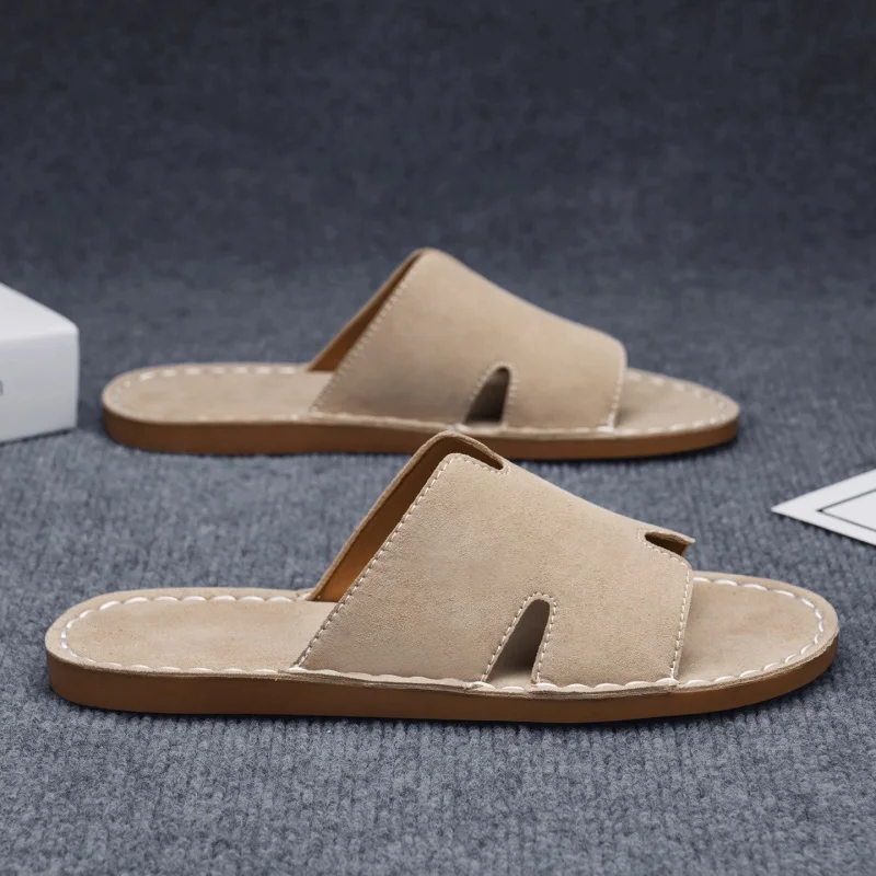 Men's Summer Casual Slip-On Sandals Breathable Outdoor Beach Shoes Large Size Comfortable Suede Leather Outdoor Men's Slippers