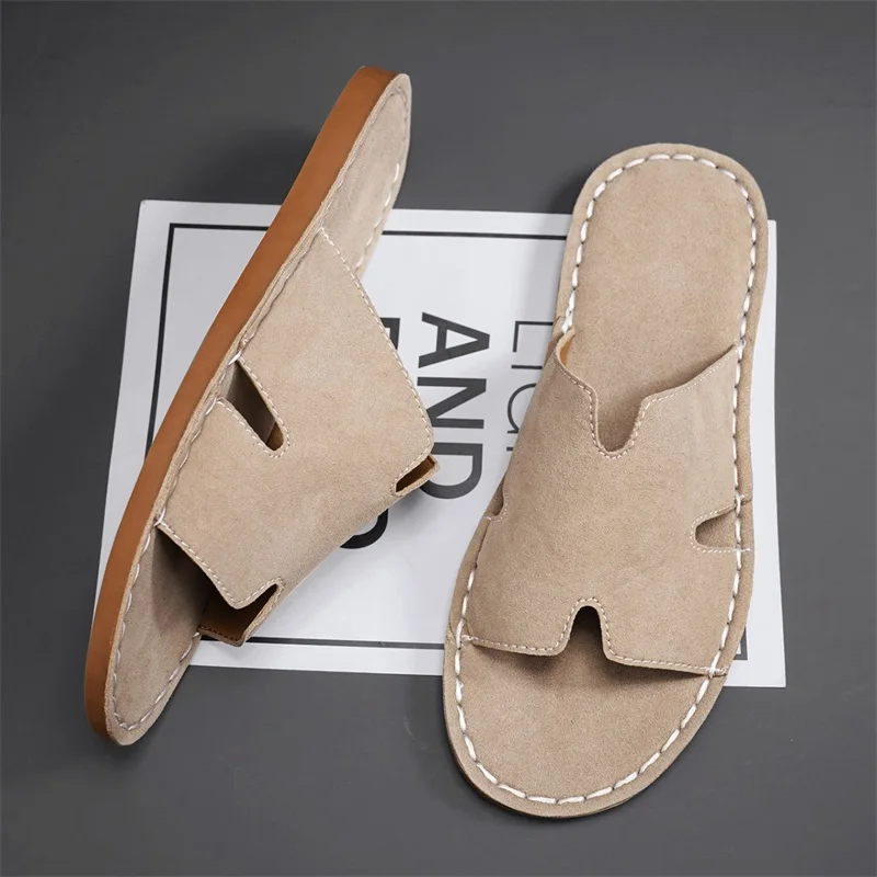 Men's Summer Casual Slip-On Sandals Breathable Outdoor Beach Shoes Large Size Comfortable Suede Leather Outdoor Men's Slippers