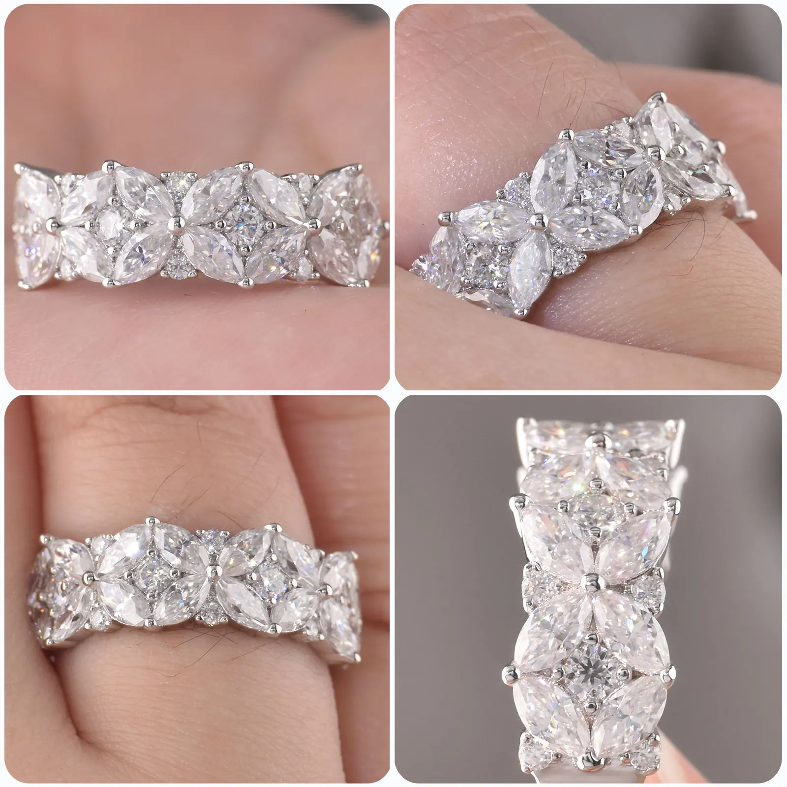 Newshe 925 Sterling Silver Moissanite Rings D VVS1 Marquise Cut Full Paved Flower Eternity Wedding Engagement Ring for Women