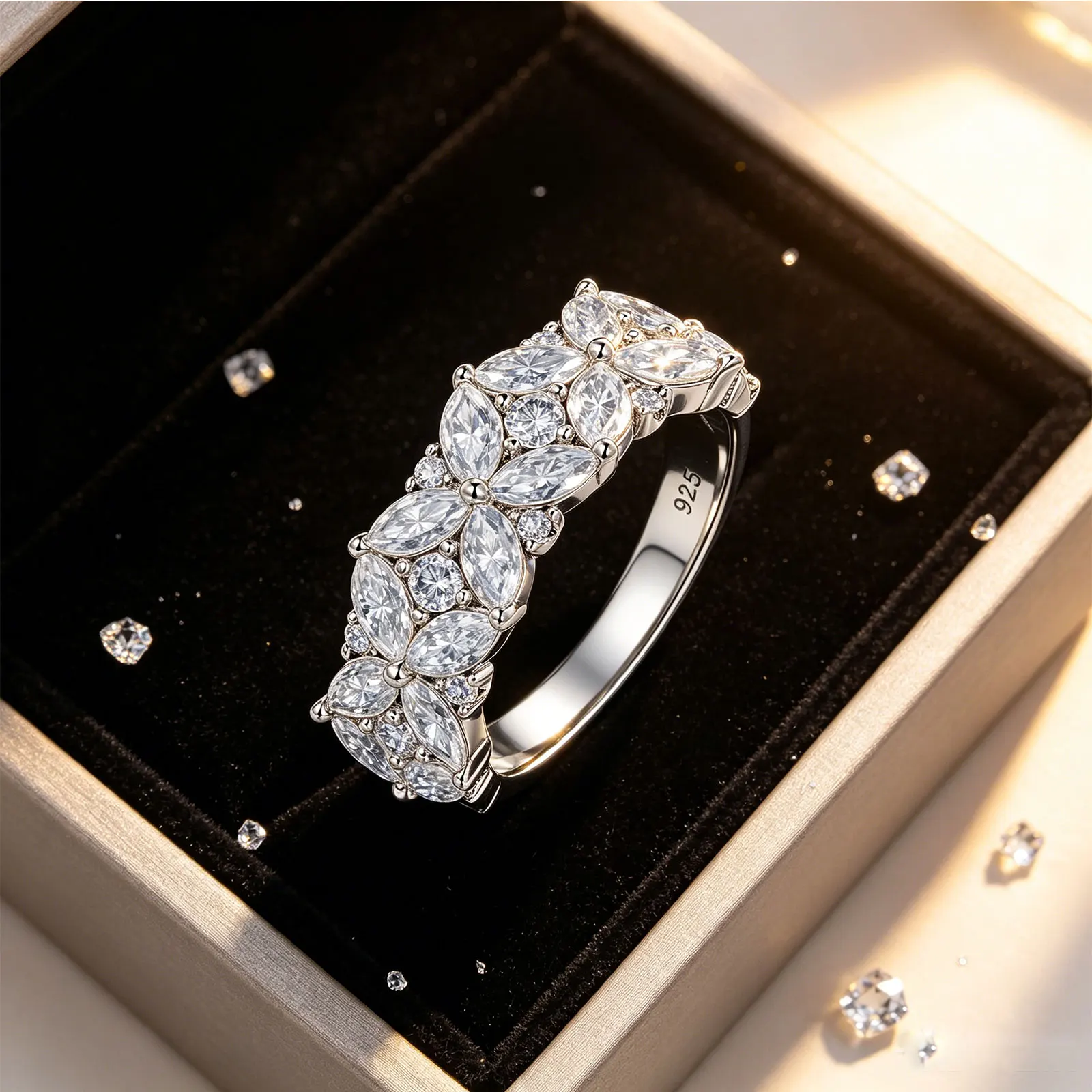 Newshe 925 Sterling Silver Moissanite Rings D VVS1 Marquise Cut Full Paved Flower Eternity Wedding Engagement Ring for Women